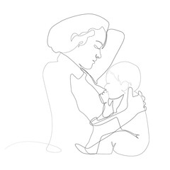 Vector continuous drawing of one line of breastfeeding on a white isolated background, line art, outline. Mother breastfeeding a baby in a single line. Concept drawing baby eats breast milk.
