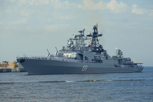 SAINT-PETERSBURG, RUSSIA - JULY 28, 2019: Large anti-submarine ship Severomorsk (project 1155) close-up