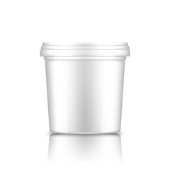Bucket with cap mockup: ice cream, yoghurt, mayonnaise, paint, or putty container. Plastic package design. Blank food or decor product template. 3d vector illustration isolated on white background