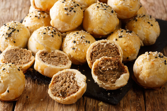 Tau Sar Piah is Malaysian style Savoury Mung Bean Paste Biscuit closeup. Horizontal