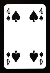 Four of spades playing card isolated on black.