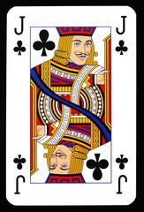 Jack of clubs playing card isolated on black.