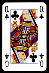 Queen of clubs playing card isolated on black.