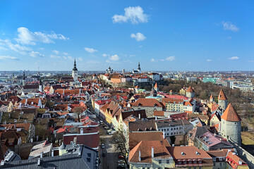 Fototapeta na wymiar High angle view on the Tallinn Old Town from the tower of St. Olaf's Church in spring day, Estonia