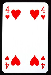 Four of hearts playing card isolated on black.