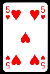 Fve of hearts playing card isolated on black.