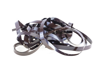 Close up of magnetic audio tape reel. Cassette tape isolated on a white background. Magnetic audio...