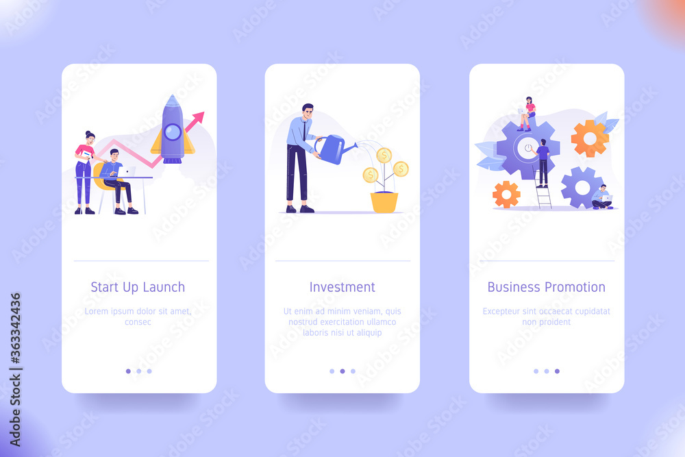 Poster mobile application design template set for start up launch, investment and business promotion. ui on