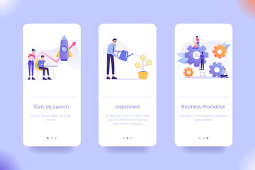 Mobile application design template set for Start Up Launch, Investment and Business Promotion. UI on boarding screens design concept. Modern vector illustrations for user interface