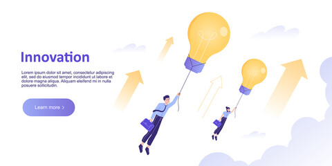 Innovation Concept. Business man flying with light bulb. Business growth. Motivation and Success. Landing page, website template. Home page design. Modern isolated vector illustration for web banner