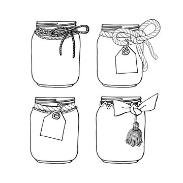 Set of hand drawn mason jars with bows and tags. Stock vector illustration