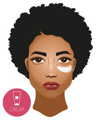 Beautiful african american girl applies a moisturizer to her face. Anti-aging and beauty treatments. A beautiful woman with well-groomed skin.Self-care beauty treatment skin care concept.