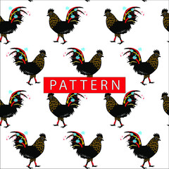 black colorful rooster seamless pattern