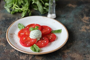 tomatoes and unsweetened ice cream from basil (basil mousse). savory ice cream, restaurant serving. unusual recipe,