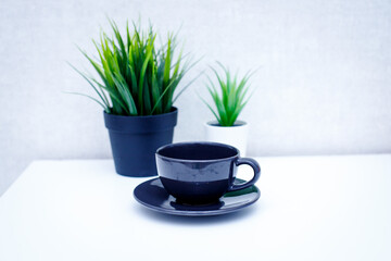 on a light table there is a black Cup with a mug, and in the background two flowers in a pot