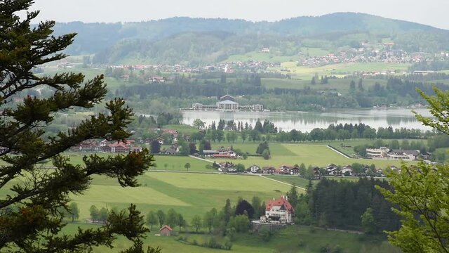 Fussen town in Bavaria, view from Neuschwanstein castle hill Schwaben - Swabia, East Allgaeu, Fuessen, Schwangau, Bavaria, Germany.