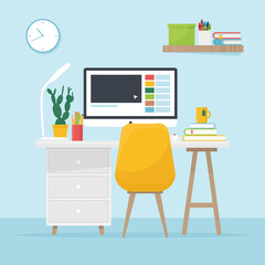 Workplace - desk, chair, computer, speakers, books, pencils, flower pot, mug. Modern home office. Flat vector illustration