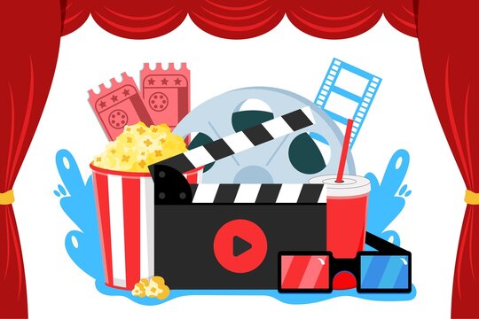 Online cinema art movie watching with popcorn drink film-strip cinematograph and 3d glasses vector illustration concept