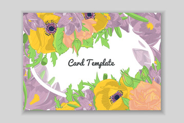 Rectangular card with frame of hand drawn rose, crocus and poppy flowers arrangement. Greeting card template. Vector illustration.