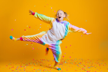 Happy little girl in kigurumi unicorn dancing on a yellow background among multicolored confetti © Tina kids photo