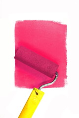 Painting a rough wall with roller. Paint roller leaving stroke of white color over a rustic background. usable for text and messages.