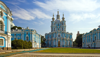 Cental facade panoramic view.Smolny Monastery. Architect Rastrelli.