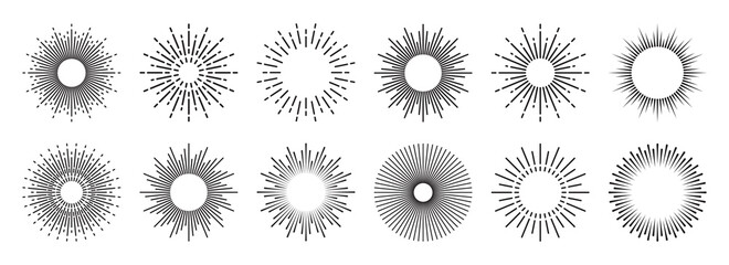 Vintage sunburst collection. Bursting sun rays. Fireworks. Logotype or lettering design element. Radial sunset beams. Vector illustration.