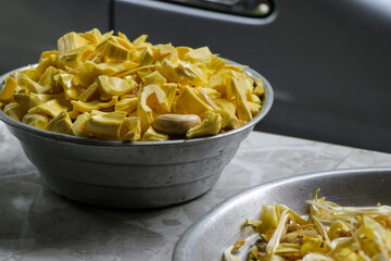 jackfruit sliced in a steel bowl.