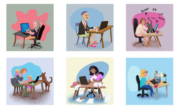 Collection of illustrations of people working from home