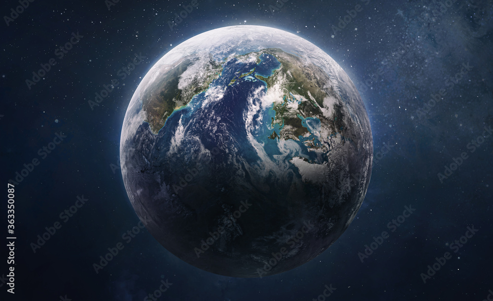 Poster Earth planet globe in outer space. Orbit and atmosphere. Blue marble. Elements of this image furnished by NASA