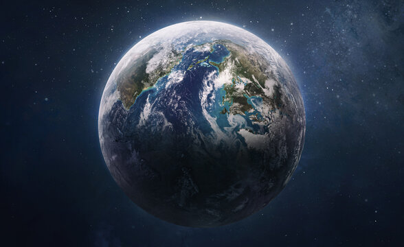 Earth planet globe in outer space. Orbit and atmosphere. Blue marble. Elements of this image furnished by NASA