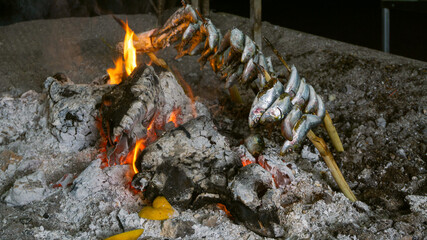 Sardine spits in Almuñecar, Costa Tropical. Esparto is the typical way of making sardines on the Andalusian coast.