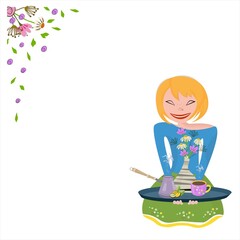 Fototapeta premium Girl holds a tray with morning coffee. Woman, coffee, vase, flowers. Vector composition with place for your text.