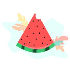 Vector illustration of watermelon with bitten. Watermelon with flat vector illustration background style.	