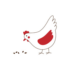 Vector stylized illustration - cute white chicken standing and pecking grain. Isolated on white background flat cartoon bird in folk style for cards, prints, icons or logos of nature organic food