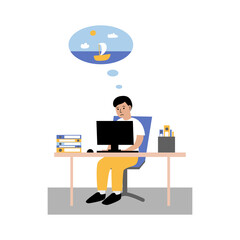 Tired male office employee feeling bad stays late on workplace and dreams about vacation. Young man sitting in front of computer on his workplace surrounded by folders and work papers. Flat vector