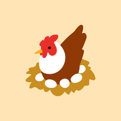 Cute chicken sitting on white eggs in nest. Adult hen hatching chicks in a nest isolated on beige background. Hand drawn cartoon vector illustration of poultry for organic food products, icon, logo