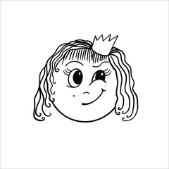 Little girl with a big smile smiling maliciously.  Portrait of a princess with long hair and small crown. Baby face line icon.  Outline vector illustration isolated on white background.