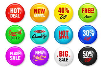 Realistic badges with text. Product promotion, sale. Special offer. Glossy round button. Pin badge mockup. Vector illustration.