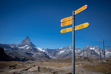 Matterhorn Switzerland hiking trails signs along hiking Trails with Matterhorn