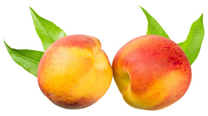 peach fruit with green leaf isolated on white background