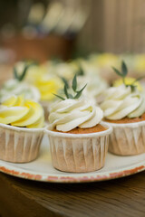 A sweet table with desserts in the form of cupcakes with cream and decorated with eucalyptus leaves. Holiday sweets
