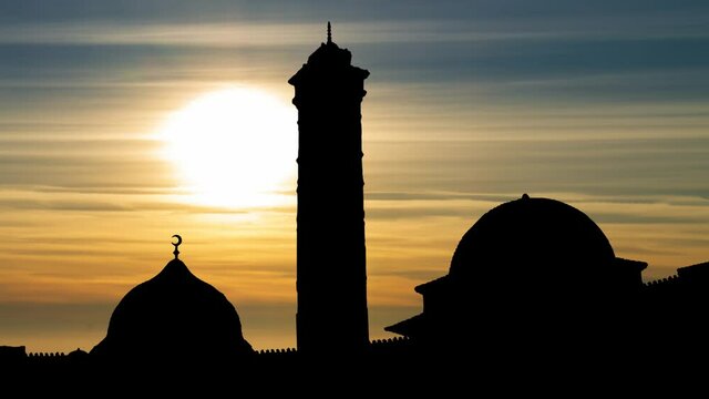 Aleppo: Time Lapse at Sunset with Banu Umayya Mosque and Iconic Minaret in Silhouette, Syria
