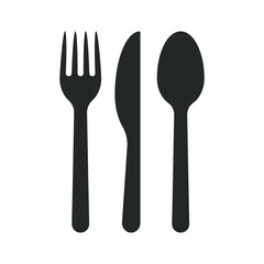Fork knife and spoon icon logo. Simple flat shape restaurant or cafe place sign. Kitchen and diner menu symbol. Vector illustration image. Black silhouette isolated on white background.