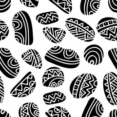 Vector seamless design black and white pattern of ornamental graphic lined stones in turquoise tones. The design is perfect for sheets, backgrounds, wrapping paper, wallpaper, textiles, surfaces