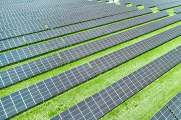 Solar panels for production of green, eco friendly, renewable, energy. Aerial view of solar power station. Photovoltaic power supply systems.