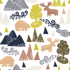 Vector seamless colorful design with mountains, moose and bears in a forest. Cute decorative background design. Perfect for maps, decorations, textiles, surfaces, backgrounds, sheets, cushions