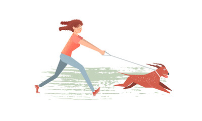 The girl quickly runs after her dog. An active dog pulls the girl by the leash. Cartoon illustration of characters with texture elements. Isolated on a white background
