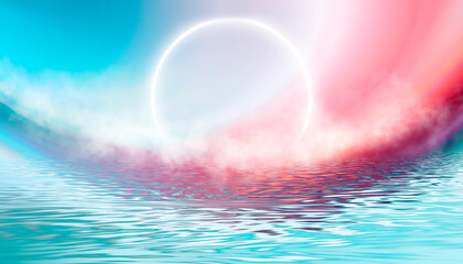 Fototapeta premium Reflection in the water, colorful sunset. Abstract futuristic background. Neon glow, reflection of tropical beach beach tent. 3d illustration