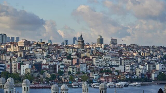 Time lapse with Galata Tower, buildings of Karaköy region and white clouds. Cityscape clip taken from Süleymaniye Mosque, Istanbul, Turkey